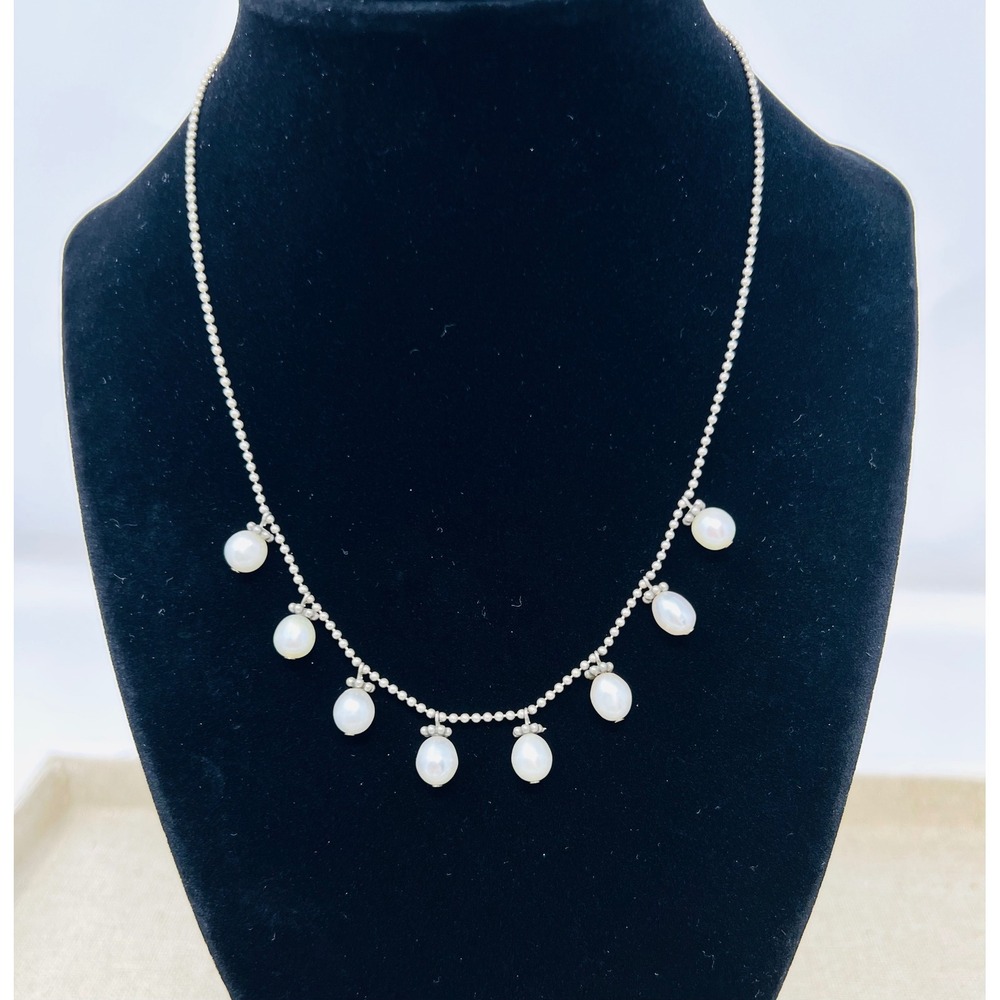 Sterling Silver Italy Freshwater white Pearl Fringe Ball Chain Necklace
